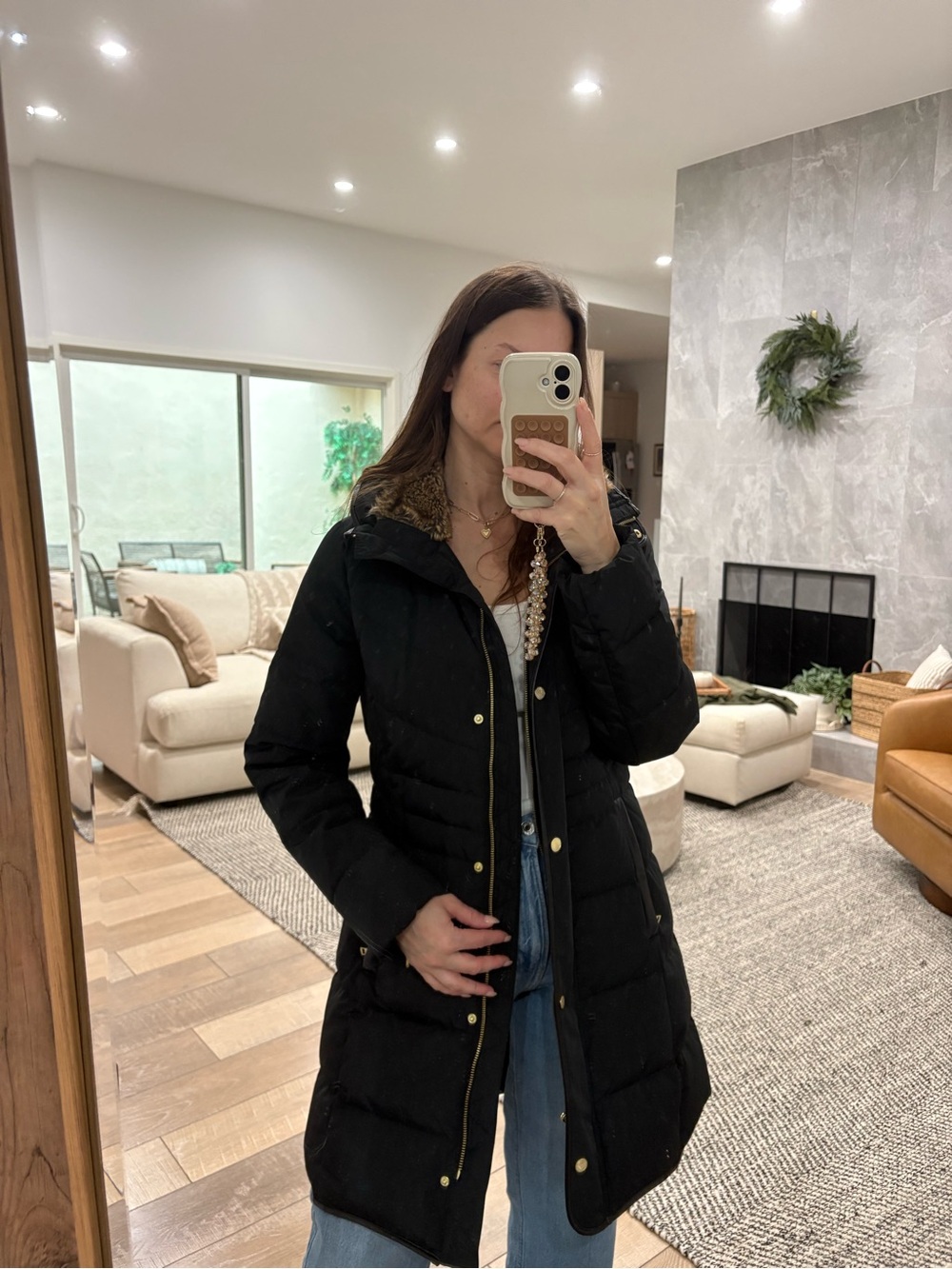Cole Haan Signature Black Long Puffer Coat Faux Fur Gold Hardware S